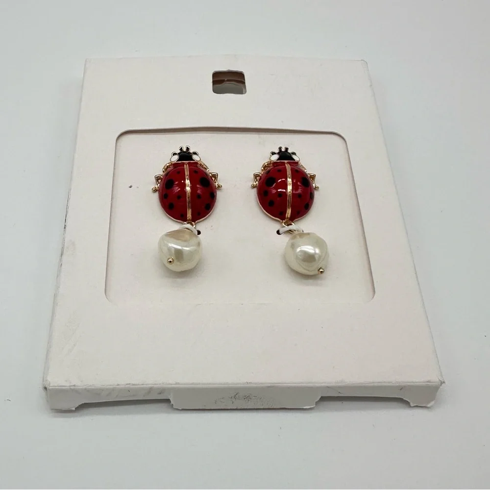 Zara Ladybug Pearl Drop Earrings